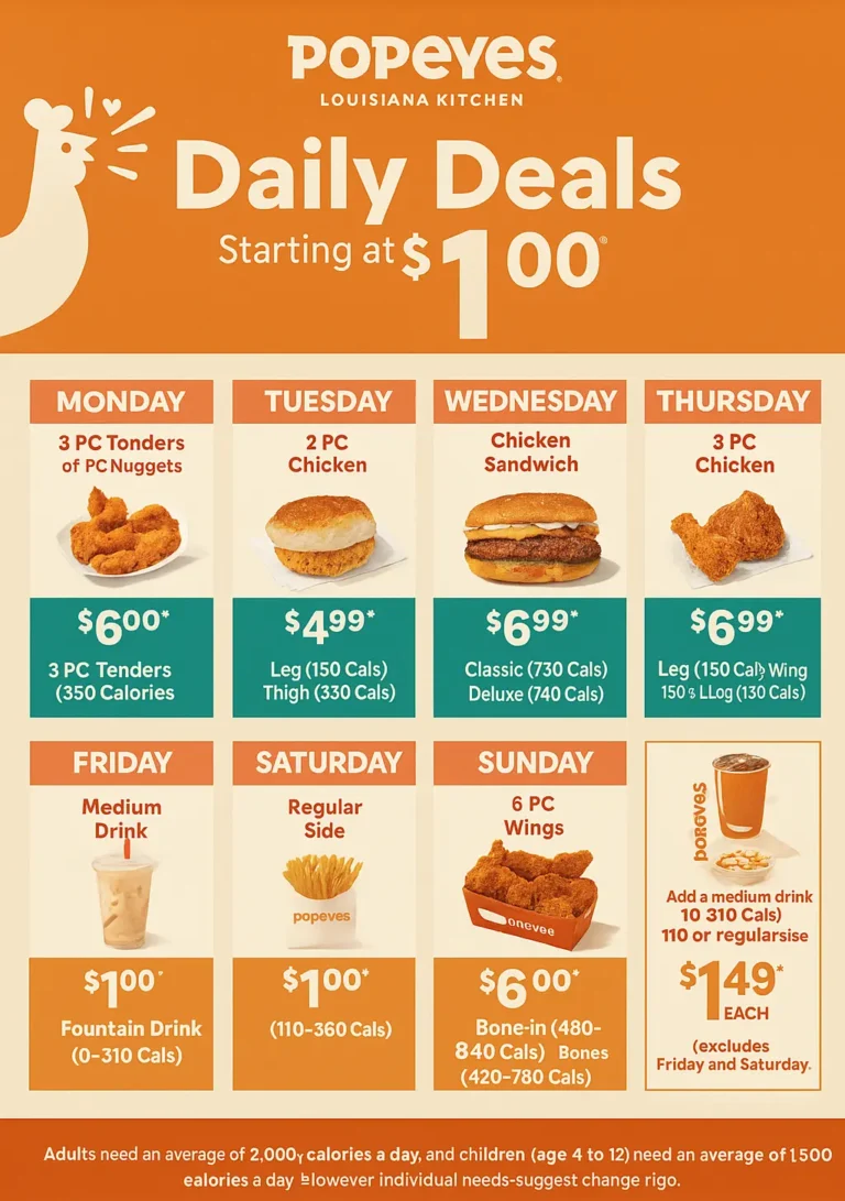 Popeyes Daily Specials 2026 & Tuesday Special Prices 4 Popeyes Daily Special Meal Deals
Popeyes Daily Deals promotional poster showing special food items for each day of the week, with prices starting at $1.00.
Monday: 3 PC Tenders or Nuggets for $6.00 (350 Calories).
Tuesday: 2 PC Chicken (leg and thigh) for $4.99 (150–330 Calories).
Wednesday: Chicken Sandwich for $6.99 (Classic 730 Cals, Deluxe 740 Cals).
Thursday: 3 PC Chicken (leg, wing, and leg) for $6.99 (430 Cals).
Friday: Medium Fountain Drink for $1.00 (0–310 Cals).
Saturday: Regular Side for $1.00 (110–360 Cals).
Sunday: 6 PC Wings for $6.00 (Bone-in 480–840 Cals, Boneless 420–780 Cals).
Additional offer: Add a medium drink (110–310 Cals) or regular side for $1.49 each, excluding Friday and Saturday.
