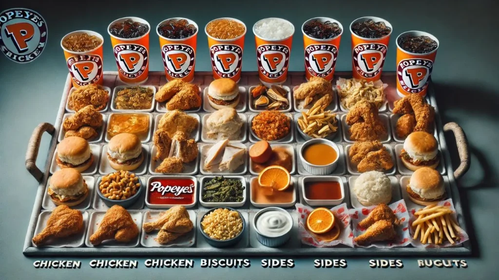 A variety of Popeyes food items