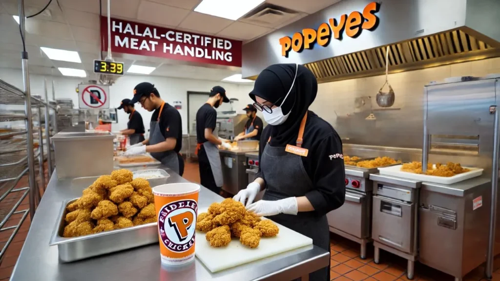 Popeyes employees preparing fried chicken in a halal-certified kitchen