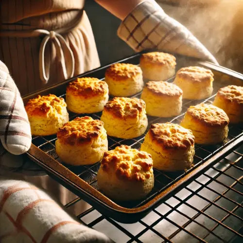 Removing Freshly Baked Biscuits from the Oven for Popeyes Biscuits