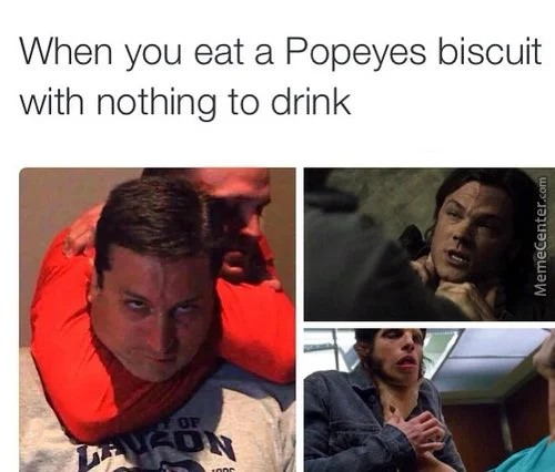A person grimacing while struggling to swallow a dry Popeye's biscuit, representing the "Dry Biscuit Struggle" meme.