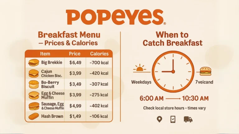A colorful 16:9 infographic showing the Popeyes breakfast menu with item photos, prices, and calories on the left, and a breakfast hours timeline (6:00 AM–10:30 AM weekdays, 7:00 AM–11:00 AM weekends) on the right, all in Popeyes orange and red brand style.