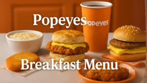 A high-resolution photo of a Popeyes breakfast spread on a rustic wooden table at sunrise, featuring Big Brekkie Wrap, Cajun Chicken Biscuit, Bo-Berry Biscuit, coffee, and a subtle 6:00 AM clock, with the text “Popeyes Breakfast Menu” in bold orange font.