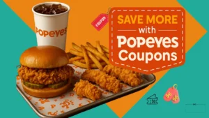 Hero image of Popeyes chicken sandwich, tenders, Cajun fries, and branded drink with digital coupon overlay promoting Popeyes coupons and promo codes.
