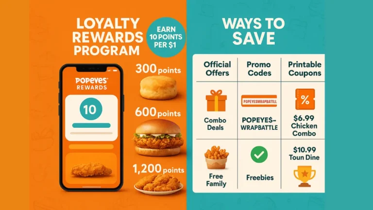 Free Wrap Popeyes Coupons, Promo Codes & Promotions December 2025 2 Infographic showing Popeyes Rewards points system on the left and a comparison chart of official offers, promo codes, printable coupons, and rewards on the right.