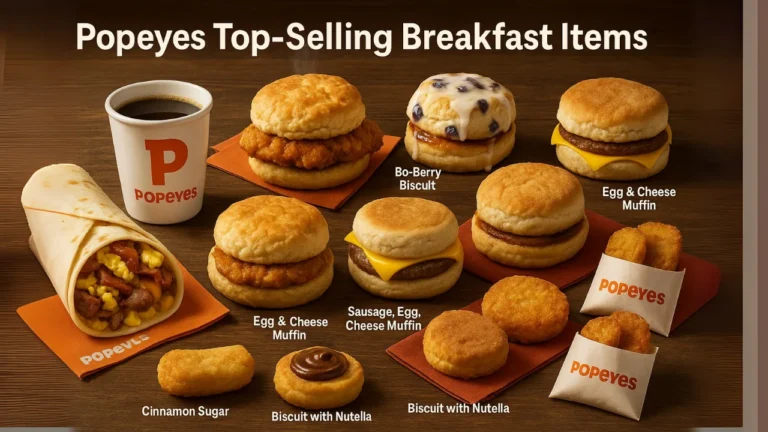 Popeyes Breakfast Menu With Prices and Calories 2025 18 Ultra-realistic photo of Popeyes top-selling breakfast items on a rustic wooden table, featuring Big Brekkie Wrap sliced open, Cajun Chicken Biscuit, Bo-Berry Biscuit with icing, Egg & Cheese Muffin, Sausage Egg & Cheese Muffin, Cinnamon Sugar Biscuit, Biscuit with Nutella, classic and Cajun hash browns, and a steaming Popeyes coffee cup, all arranged in 16:9 landscape format.