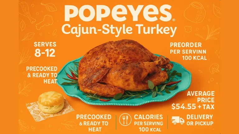 Popeyes Cajun Turkey is Back | Detailed Review | December 2025 3 Promotional image of Popeyes Cajun Turkey featuring the orange Popeyes theme, green serving tray, and sides like mashed potatoes, mac and cheese, and Cajun rice, with text promoting preorder and delivery options.