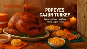Popeyes Cajun-Style Turkey displayed with signature orange packaging, Popeyes logo, and side dishes including mac and cheese, mashed potatoes, and biscuits in branded containers.