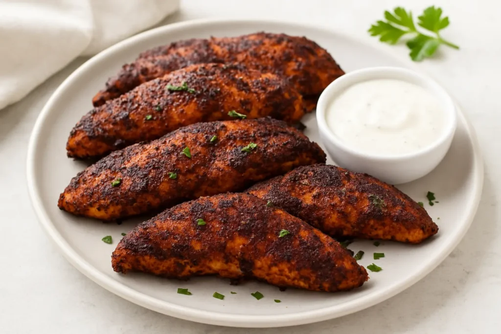Popeyes Blackened Tenders Price, Calories & Recipe 2025 15 A landscape close-up of Popeyes blackened chicken tenders arranged on a white plate, featuring a dark, crispy, seasoned crust with visible paprika and spice texture, served alongside a small bowl of creamy dipping sauce and garnished with fresh parsley for a clean and appetizing presentation.