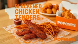 Promotional image of Popeyes Blackened Chicken Tenders served with Cajun fries on branded orange paper, with a Popeyes box and dipping sauces in the background, styled in the restaurant’s signature orange color scheme.