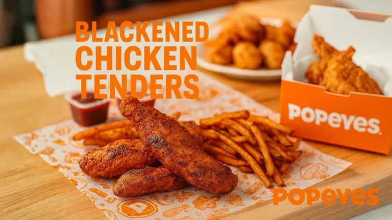 Promotional image of Popeyes Blackened Chicken Tenders served with Cajun fries on branded orange paper, with a Popeyes box and dipping sauces in the background, styled in the restaurant’s signature orange color scheme.