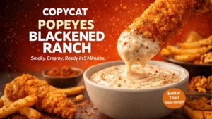 Close-up promotional image of Popeyes Blackened Ranch sauce in an open dipping cup, surrounded by crispy golden chicken tenders on parchment paper, with bold orange and black Popeyes-style branding and the headline “Popeyes Blackened Ranch Sauce” in a 1280x720 marketing banner layout.
