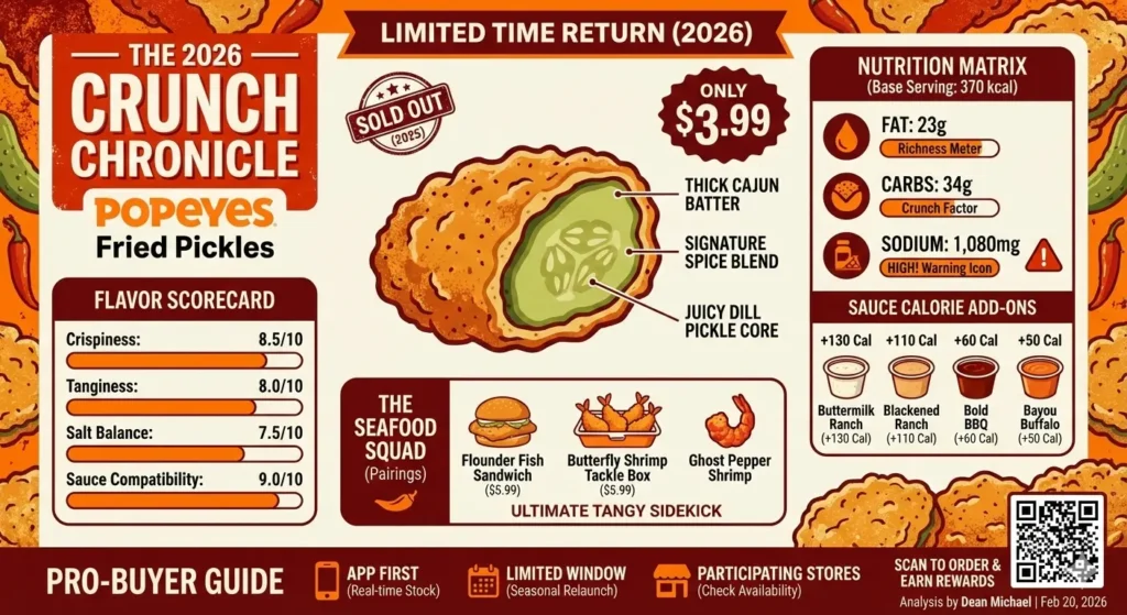 Popeyes Fried Pickles Price, Calories & Review 2026 3 Detailed infographic titled "THE 2026 CRUNCH CHRONICLE: Popeyes Fried Pickles." It summarizes the limited-time return at $3.99. The graphic includes an illustration of a fried pickle cross-section, a "Nutrition Matrix" showing base stats of 370 calories and 1,080mg sodium, and "Sauce Calorie Add-ons" listing options like Buttermilk Ranch (+130 Cal). It also features a "Flavor Scorecard" rating crispiness at 8.5/10, "Seafood Squad" pairings like the Flounder Fish Sandwich, and a "Pro-Buyer Guide" advising the use of the app to check stock.